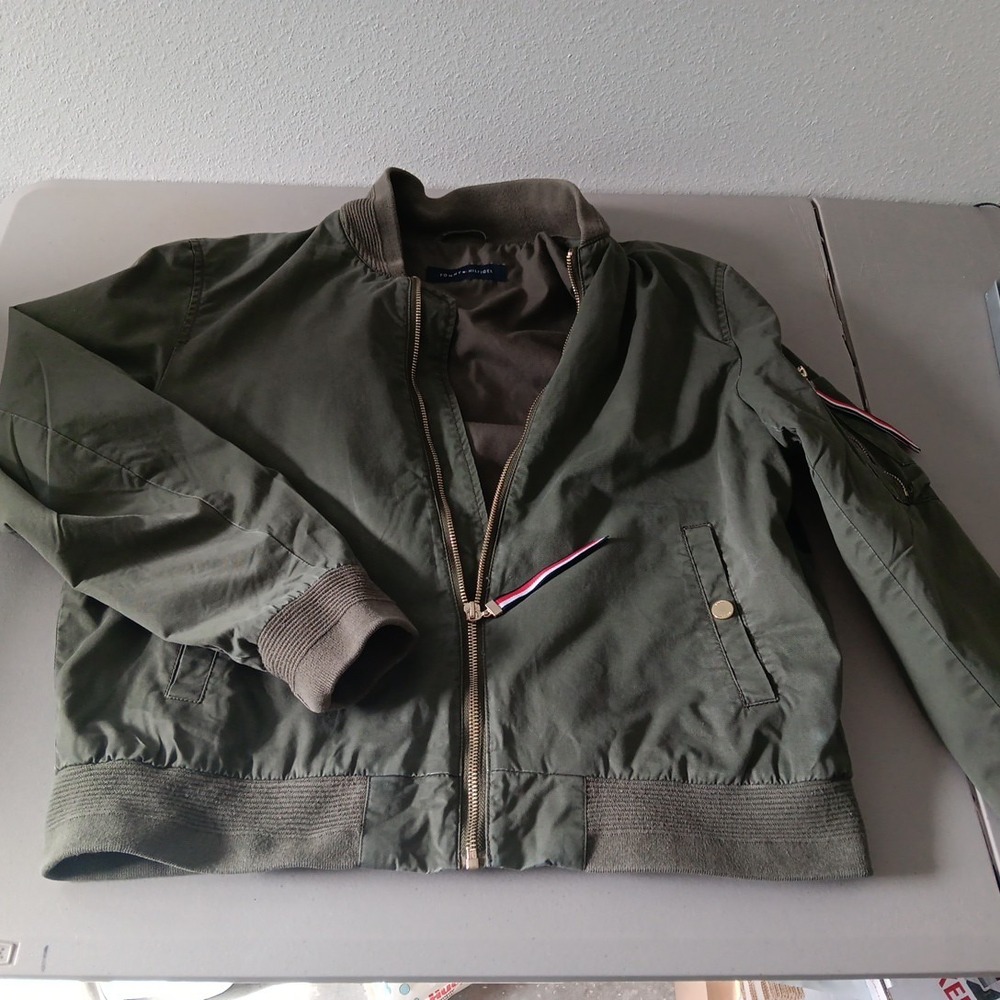 Tommy Hilfiger Canvas Bomber Jacket Womens Medium Green Khaki FLAG Back Retro - Picture 6 of 12